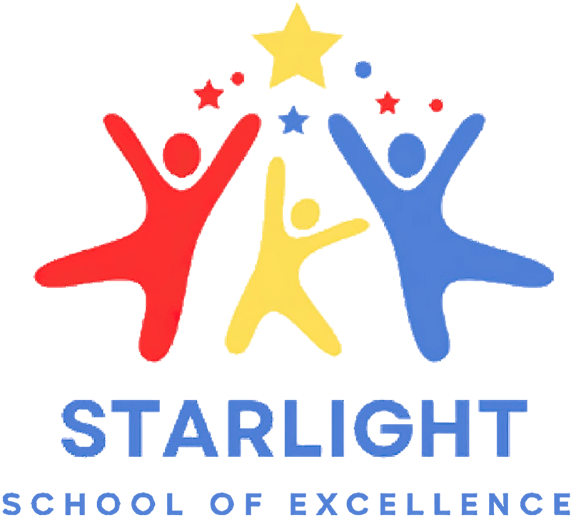 A colorful logo for "Starlight School of Excellence" features playful figures in symbolizing joy and unity.