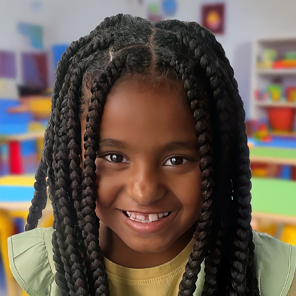 A girl with beautifully braided hair beams with joy, surrounded by a lively classroom backdrop.