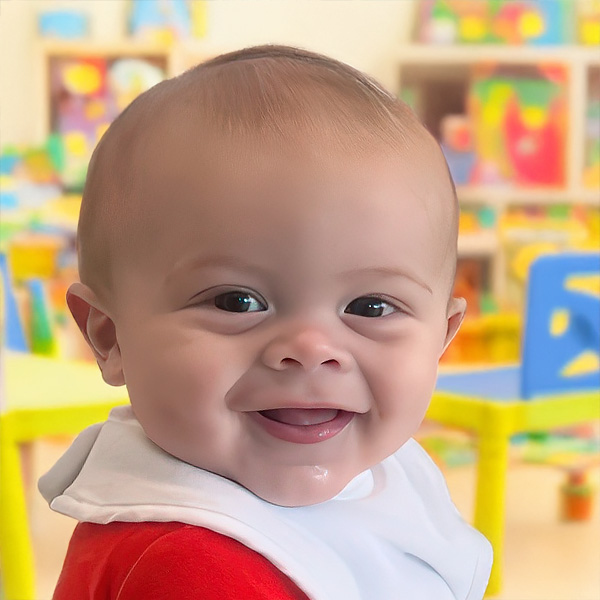 An adorable baby grins widely, exuding joy in a vibrant environment filled with toys.