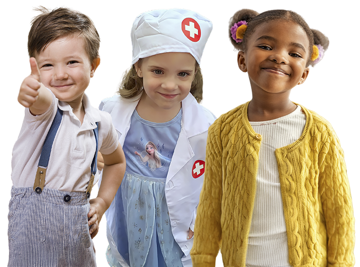 Three children are smiling and dressed in playful outfits, engaging in a fun, educational theme.