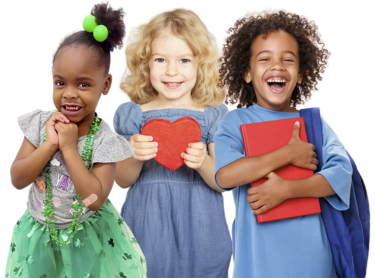 A colorful graphic features diverse children holding hearts and books against a starry sky, promoting foundational learning.