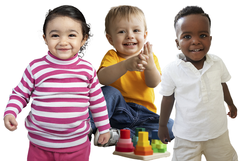 Three cheerful children smile together, embodying joy and curiosity in a vibrant learning environment.