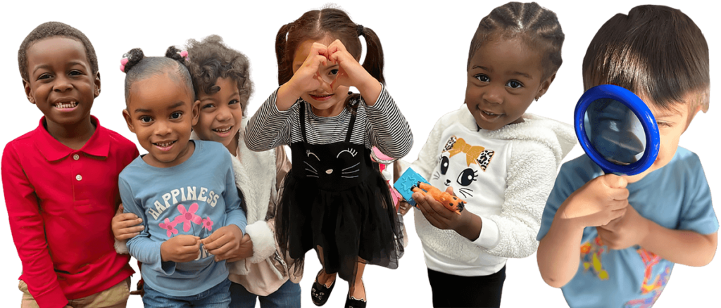 A diverse group of smiling children poses together, showcasing joy and enthusiasm in a colorful and engaging setting.